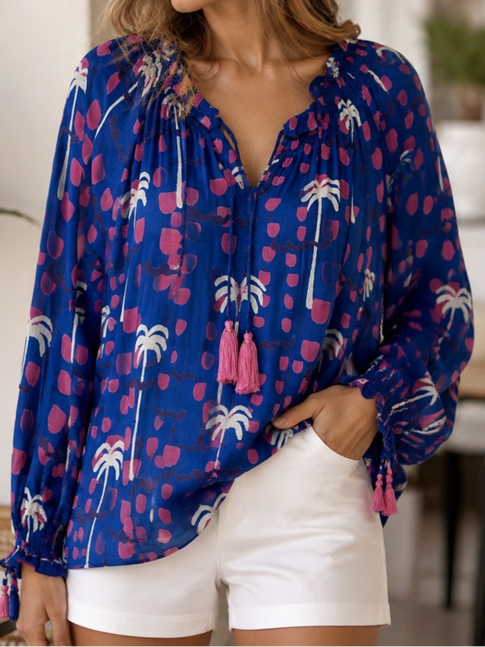 Oliphant Palm Tree Cotton Silk Blend Blouse Sz. S